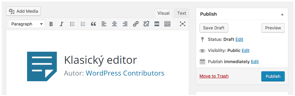WordPress plugin - Classic Editor - Klasický editor