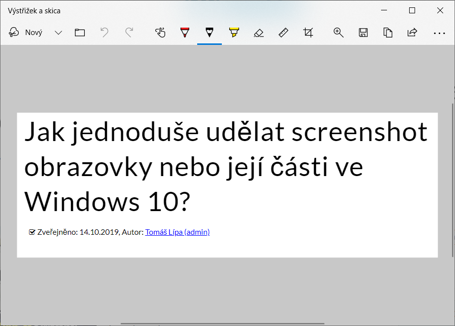 screenshot obrazovky nebo její části ve Windows 10 výstřižek a skica