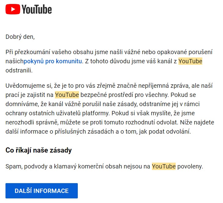 YouTube e mail o smazani kanalu